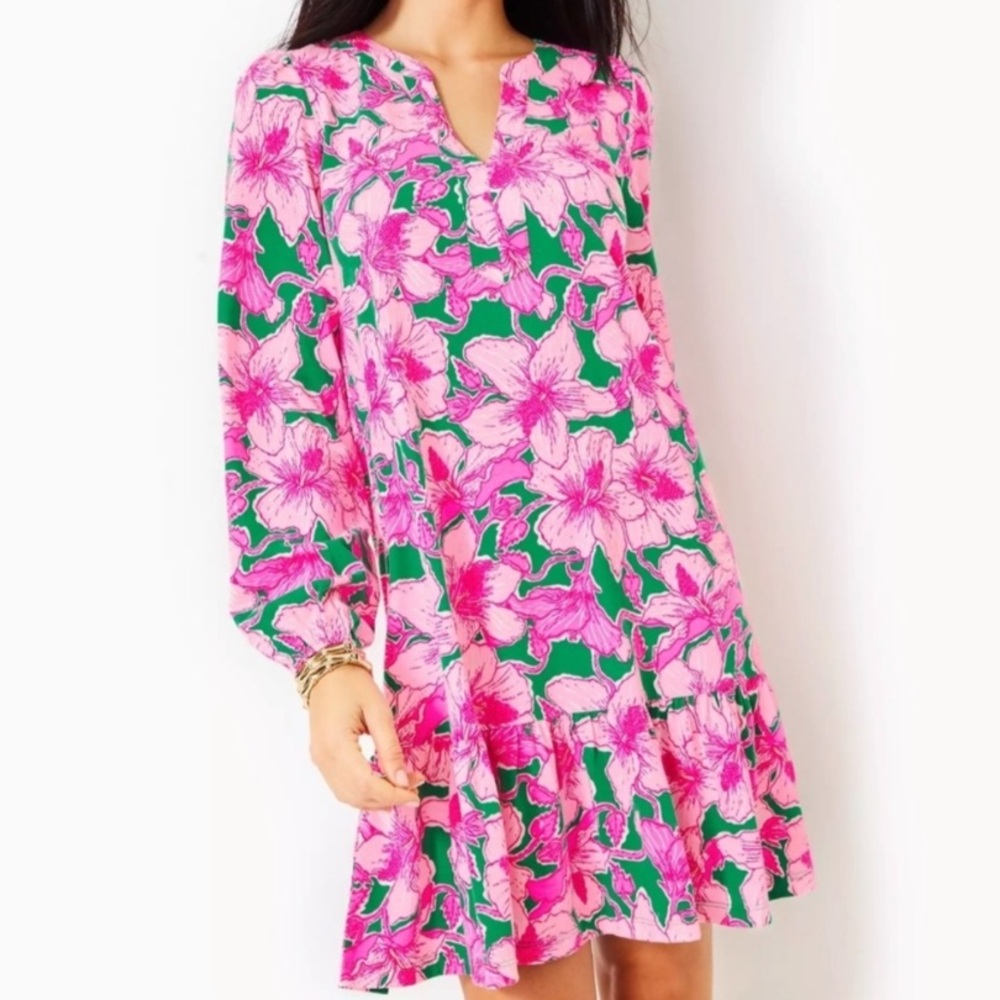 Lilly Pulitzer Alyssa Hibiscus Print Long Sleeve Dress Kelly Green